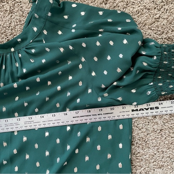 Ted Baker Jamiiee Puff Sleeve Foil Polka Dot Top Blouse Green Gold Size 5 Large - Picture 9 of 15
